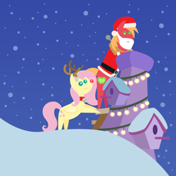 Size: 2160x2160 | Tagged: safe, anonymous artist, derpibooru import, big macintosh, fluttershy, earth pony, pegasus, pony, series:fm holidays, series:hearth's warming advent calendar 2022, advent calendar, animal costume, bell, bell collar, bipedal, bipedal leaning, chimney, christmas, christmas lights, clothes, collar, costume, fake antlers, fake beard, female, fluttermac, hat, high res, holiday, leaning, lineless, male, mare, night, pointy ponies, red nose, reindeer costume, santa costume, santa hat, shipping, snow, snowfall, stallion, straight