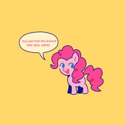Size: 2048x2048 | Tagged: safe, artist:luv_shots, derpibooru import, pinkie pie, earth pony, pony, blatant lies, dialogue, open mouth, open smile, orange background, simple background, smiling, solo