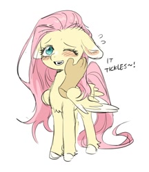 Size: 640x742 | Tagged: safe, artist:racoonman, derpibooru import, discord, fluttershy, draconequus, pegasus, pony, blushing, chest fluff, colored wings, colored wingtips, cute, disembodied hand, ears, female, floppy ears, hand, hand on cheek, hand on face, happy, implied discord, mare, offscreen character, open mouth, shyabetes, simple background, sketch, smiling, solo focus, tickling, white background, wings