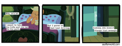 Size: 720x275 | Tagged: safe, edit, edited screencap, screencap, applejack, earth pony, a softer world, applejack's bedroom, bed, comic, implied kidnapping, rope, screencap comic, sleeping, smiling, text