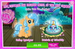 Size: 1964x1298 | Tagged: safe, derpibooru import, dusty swift, pegasus, pony, advertisement, background character, background pony, costs real money, english, female, flower, fountain, gameloft, las pegasus resident, mare, numbers, official, sale, solo, solo focus, spread wings, text, wings