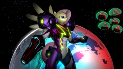 Size: 1280x720 | Tagged: safe, artist:warhammer50k, derpibooru import, fluttershy, anthro, pegasus, plantigrade anthro, 3d, angry face, arm cannon, badass, crossover, equis universe, fist, gravity suit, metroid, metroid (species), metroid dread, omega cannon, planet, power suit, shiny skin, source filmmaker, space