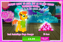 Size: 1958x1300 | Tagged: safe, derpibooru import, earth pony, pony, advertisement, background character, background pony, clothes, costs real money, crunch time (character), english, gameloft, gem, glasses, male, microphone, numbers, official, sale, shirt, solo, solo focus, stage, stallion, text