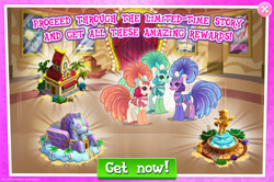 Size: 1954x1295 | Tagged: safe, derpibooru import, emerald flare, gladmane, sapphire sequins, sunset circus, earth pony, pony, book, building, bush, coconut, curtains, english, feather, female, food, fountain, gameloft, gold, headress, limited-time story, mare, official, palm tree, performer, show mares, showgirl, sign, statue, text, tree, trio