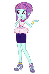 Size: 1024x1537 | Tagged: safe, artist:ajosterio, derpibooru import, sunny flare, equestria girls, clothes, clothes swap, female, gold, hand on hip, high heels, jewelry, necklace, open mouth, peplum dress, shoes, shorts, simple background, sleeveless, smiling, solo, transparent background, waistband, wristband