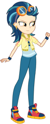 Size: 633x1569 | Tagged: safe, artist:ajosterio, derpibooru import, indigo zap, equestria girls, clothes, clothes swap, female, goggles, jacket, jewelry, lightning, necklace, pants, pockets, shirt, shoes, simple background, smiling, solo, transparent background, wristband