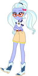 Size: 722x1433 | Tagged: safe, artist:ajosterio, derpibooru import, sugarcoat, equestria girls, legend of everfree, belt, boots, camp everfree logo, camp everfree outfits, clothes, collar, crossed arms, denim, denim shorts, female, glasses, legs, pockets, ponytails, shirt, shoes, shorts, simple background, solo, transparent background