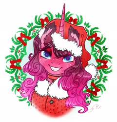 Size: 1962x2048 | Tagged: safe, artist:opalacorn, derpibooru import, oc, oc only, oc:garnet midnight, pony, unicorn, bust, christmas, female, freckles, grin, hat, holiday, holly, looking at you, mare, santa hat, simple background, smiling, smiling at you, solo, white background