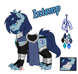 Size: 736x700 | Tagged: safe, artist:eve-of-halloween, derpibooru import, oc, oc only, oc:intemp, hybrid, original species, armor, au:hallowverse, blue eyes, blue mane, broken horn, claws, clothes, color palette, cutie mark, ear fluff, ears, horn, male, predorus, reference, reference sheet, sharp teeth, simple background, solo, stallion, teeth, tumblr:askmotherlyluna, white background