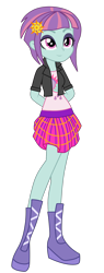 Size: 1024x2685 | Tagged: safe, artist:ajosterio, derpibooru import, sunny flare, equestria girls, arm behind back, boots, casual, clothes, collar, female, jacket, legs, shirt, shoes, simple background, skirt, smiling, solo, transparent background