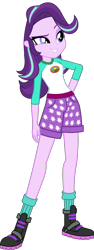 Size: 800x2129 | Tagged: safe, artist:ajosterio, derpibooru import, starlight glimmer, equestria girls, camp everfree logo, camp everfree outfits, clothes, clothes swap, cute, denim, denim shorts, eyebrows, female, glimmerbetes, legs, long sleeved shirt, long sleeves, pockets, raised eyebrow, shirt, shoes, shorts, simple background, smiling, smirk, socks, solo, transparent background