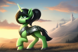 Size: 768x512 | Tagged: safe, derpibooru import, machine learning generated, oc, oc:anon-mare, pony, unicorn, armor, castle, female, mare, side view