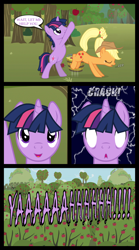 Size: 1280x2300 | Tagged: safe, artist:bigsnusnu, derpibooru import, applejack, dusk shine, twilight sparkle, earth pony, pony, unicorn, comic:dusk shine in pursuit of happiness, applebuck season, apple, apple tree, applebucking, applejack's hat, bipedal, clothes, comic, cowboy hat, groin attack, hat, implied balls, onomatopoeia, rule 63, sound effects, speech bubble, sweet apple acres, tree, white eyes, zzz