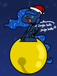 Size: 1350x1800 | Tagged: safe, artist:flutterluv, derpibooru import, princess luna, alicorn, pony, series:flutterluv's full moon, bell, christmas, full moon, hat, holiday, jingle bells, moon, santa hat, singing, solo, tangible heavenly object