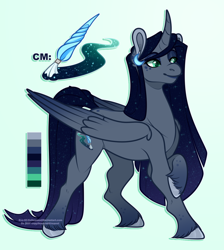 Size: 1118x1248 | Tagged: safe, artist:eve-of-halloween, derpibooru import, oc, oc only, oc:nightfall, alicorn, alicorn oc, au:hallowverse, body markings, color palette, colored wings, crossed hooves, curved horn, cutie mark, ethereal mane, ethereal tail, fetlock tuft, freckles, gradient background, gradient hooves, gradient mane, gradient wings, hooves, horn, long hair, long mane, long tail, male, nexgen, next generation, offspring, parent:oc:intemp, parent:princess luna, parents:canon x oc, reference sheet, simple background, sparkles, stallion, tail, tumblr:askmotherlyluna, unshorn fetlocks, wings