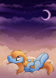 Size: 2000x2800 | Tagged: safe, artist:madelinne, derpibooru import, oc, oc only, oc:comet dasher, pegasus, pony, cloud, male, moon, sky, solo, stallion, stars, sunset