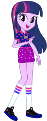 Size: 576x1484 | Tagged: safe, artist:ajosterio, derpibooru import, twilight sparkle, equestria girls, belt, camp everfree logo, camp everfree outfits, clothes, clothes swap, collar, denim, denim shorts, female, full body, looking at you, open mouth, open smile, pockets, shirt, shoes, shorts, simple background, smiling, socks, solo, transparent background