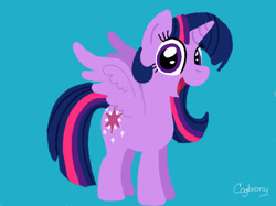 Size: 1024x765 | Tagged: safe, artist:thebrokencog, derpibooru import, twilight sparkle, twilight sparkle (alicorn), alicorn, pony, blue background, female, full body, hooves, horn, looking at you, mare, open mouth, open smile, signature, simple background, smiling, smiling at you, solo, spread wings, standing, tail, wings