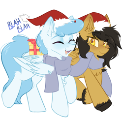 Size: 1000x1000 | Tagged: safe, artist:thieftea, derpibooru import, oc, oc only, oc:crisom chin, oc:file folder, pegasus, christmas, clothes, commission, hat, holiday, male, present, santa hat, scarf, shared clothing, shared scarf, simple background, stallion, white background, ych result