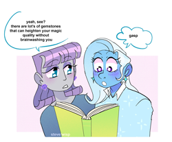 Size: 1500x1243 | Tagged: safe, artist:stevetwisp, derpibooru import, maud pie, trixie, human, equestria girls, blushing, book, clothes, dialogue, ear piercing, earring, eyelashes, female, gasp, jewelry, lesbian, mauxie, piercing, shipping, shirt, simple background