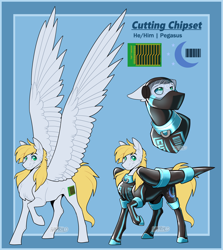 Size: 4460x5000 | Tagged: safe, artist:parrpitched, derpibooru import, oc, oc only, oc:cutting chipset, pegasus, pony, clothes, fireheart76's latex suit design, hypno eyes, hypnosis, large wings, latex, latex mask, latex suit, male, prisoners of the moon, pronouns, reference sheet, rubber, rubber suit, solo, spread wings, stallion, visor, wings