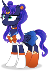 Size: 3266x4799 | Tagged: safe, artist:anime-equestria, derpibooru import, princess luna, alicorn, pony, absurd resolution, alternate hairstyle, boots, clothes, cosplay, costume, crossover, female, gloves, headband, horn, jewelry, necklace, outfit, ribbon, sailor moon, sailor uniform, shoes, simple background, smiling, solo, transparent background, tsukino usagi, uniform, vector, wings