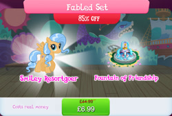 Size: 1266x856 | Tagged: safe, derpibooru import, dusty swift, pegasus, pony, background character, background pony, bundle, costs real money, english, female, flower, fountain, gameloft, las pegasus resident, mare, numbers, official, sale, solo, solo focus, spread wings, stage, text, wings