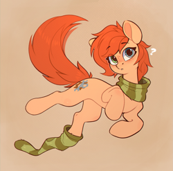 Size: 1455x1440 | Tagged: safe, artist:rexyseven, derpibooru import, oc, oc only, oc:rusty gears, earth pony, pony, clothes, female, freckles, looking at you, mare, question mark, scarf, simple background, sock, socks, solo, striped scarf, striped socks