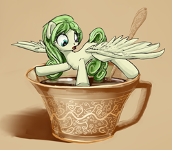 Size: 2684x2337 | Tagged: safe, artist:uteuk, derpibooru import, oc, oc only, oc:teadrop, pegasus, pony, coffee, coffee cup, cup, cup of pony, female, heterochromia, micro, simple background, spoon