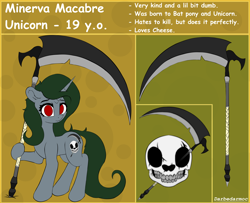 Size: 3776x3072 | Tagged: safe, artist:darbedarmoc, derpibooru import, oc, oc:minerva, pony, unicorn, cutie mark, green mane, red eyes, reference sheet, scythe, solo