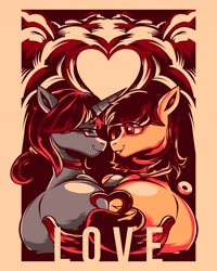 Size: 3277x4096 | Tagged: safe, artist:poxy_boxy, derpibooru import, oc, oc only, earth pony, pony, unicorn, butt, commission, duo, heart, limited palette, looking at each other, looking at someone, oc x oc, plot, shipping