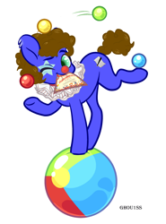 Size: 700x945 | Tagged: safe, artist:ghou1ss, derpibooru import, oc, oc:silly scribe, earth pony, pony, ball, bipedal, clown, clown makeup, clown nose, commission, earth pony oc, juggling, one eye closed, open mouth, red nose, simple background, solo, white background, wink, ych result