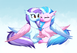 Size: 3402x2377 | Tagged: safe, artist:scarlet-spectrum, derpibooru import, silverstream, oc, oc:ocean breeze (savygriffs), hippogriff, canon x oc, cuddling, cute, duo, female, hippogriff oc, hug, lesbian, oceanstream, shipping, slim, winghug, wings