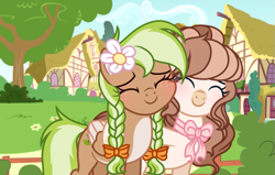 Size: 1063x675 | Tagged: safe, artist:cstrawberrymilk, derpibooru import, oc, oc only, oc:strawberry milk, oc:sylvia evergreen, pegasus, pony, blushing, bow, braid, braided pigtails, duo, eyes closed, female, flower, flower in hair, freckles, hair bow, hair bun, hair tie, hug, mare, pegasus oc, pigtails, smiling, wings