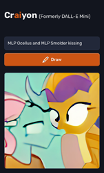 Size: 780x1288 | Tagged: safe, derpibooru import, machine learning generated, ocellus, smolder, changedling, changeling, dragon, changeling x dragon, craiyon, dall·e mini, duo, female, kissing, lesbian, shipping, smolcellus