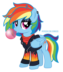 Size: 875x1000 | Tagged: safe, artist:jennieoo, derpibooru import, rainbow dash, pegasus, pony, bubblegum, clothes, ear piercing, eyeshadow, food, gift art, gum, jacket, leather, leather jacket, makeup, patreon, patreon reward, piercing, punk, rock, show accurate, simple background, solo, transparent background, vector