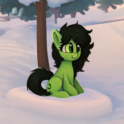 Size: 512x512 | Tagged: safe, artist:rainbowkek, derpibooru import, machine learning assisted, oc, oc:anon filly, earth pony, pony, cute, female, filly, foal, pony town, sitting, snow, solo, tree, winter