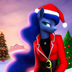 Size: 1024x1024 | Tagged: safe, derpibooru import, editor:dovakkins, generator:novelai, generator:stable diffusion, machine learning generated, princess luna, alicorn, anthro, beautiful, christmas, christmas tree, clothes, costume, crown, female, hat, holiday, jewelry, looking at you, looking sideways, mare, missing accessory, missing horn, regalia, santa costume, santa hat, snow, tree, wingless, wingless anthro, winter