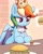 Size: 1925x2391 | Tagged: safe, artist:pabbley, derpibooru import, rainbow dash, pegasus, pony, burger, burger king, eating, false advertisement, featured image, female, food, looking at something, looking down, mare, meat, paper crown, ponies eating meat, rainbow dash is not amused, scrunchy face, solo, unamused