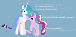 Size: 1978x960 | Tagged: safe, artist:drasill, derpibooru import, princess cadance, princess celestia, twilight sparkle, alicorn, butt, dialogue, diaper, diaper fetish, ear fluff, ears, female, fetish, filly, filly twilight sparkle, foal, no mouth, plot, raised hoof, raised leg, simple background, teen princess cadance, this will end in diapers, younger