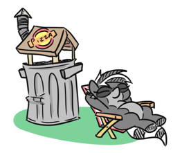 Size: 464x410 | Tagged: safe, artist:jargon scott, derpibooru import, oc, oc only, oc:bandy cyoot, hybrid, pony, raccoon, raccoon pony, chair, eyes closed, female, hooves behind head, lawn chair, mare, pizza box, simple background, sitting, solo, trash can, white background