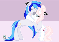 Size: 2360x1666 | Tagged: safe, artist:mommymidday, derpibooru import, oc, oc only, oc:hooklined, oc:mommy midday, earth pony, pony, unicorn, g4, coat markings, eyelashes, eyeshadow, female, heart, height difference, hug, makeup, mare, show accurate, signature, simple background