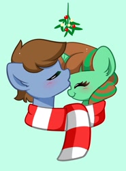 Size: 1416x1916 | Tagged: safe, artist:kittyrosie, derpibooru import, oc, earth pony, pony, unicorn, blushing, bust, clothes, female, forehead kiss, kissing, mistleholly, scarf, shared clothing, shared scarf, shipping, simple background, striped scarf