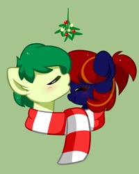 Size: 1571x1967 | Tagged: safe, artist:kittyrosie, derpibooru import, oc, earth pony, pony, blushing, bust, canon x oc, clothes, female, forehead kiss, kissing, mistleholly, scarf, shared clothing, shared scarf, shipping, simple background, striped scarf
