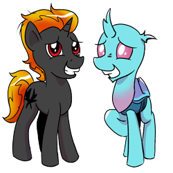 Size: 1200x1200 | Tagged: safe, artist:pony-berserker, derpibooru import, oc, oc only, oc:dopple, oc:shadowed ember, changedling, changeling, unicorn, 2023 community collab, changedling oc, changeling oc, derpibooru community collaboration, looking at you, sheepish, sheepish grin, simple background, transparent background