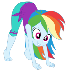 Size: 2300x2536 | Tagged: safe, artist:gmaplay, derpibooru import, rainbow dash, human, better together, equestria girls, wake up!, wake up!: rainbow dash, all fours, ass, ass up, butt, clothes, cute, dashabetes, eyebrows, face down ass up, female, feminism, grin, high res, rainbutt dash, simple background, smiling, solo, tanktop, transparent background, waking up