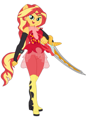 Size: 2437x3480 | Tagged: safe, artist:gmaplay, derpibooru import, sunset shimmer, equestria girls, boots, kamen rider ryuki, ponied up, shoes, simple background, solo, super ponied up, sword, transparent background, weapon