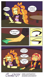 Size: 1280x2203 | Tagged: safe, artist:crock2121, derpibooru import, adagio dazzle, sunset shimmer, human, better together, equestria girls, comic, dialogue, duo, female, music festival outfit, spanish, translated in the comments