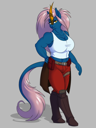 Size: 1200x1600 | Tagged: safe, artist:floots, derpibooru import, oc, oc only, oc:thunder strike, anthro, kirin, belt, big breasts, boots, breasts, clothes, muscles, pants, shoes, tanktop