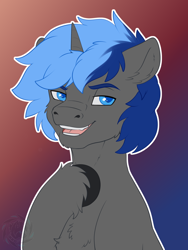 Size: 2500x3333 | Tagged: safe, artist:fkk, derpibooru import, oc, oc only, oc:orion, pony, unicorn, commission, male, simple background, smiling, smirk, solo, stallion